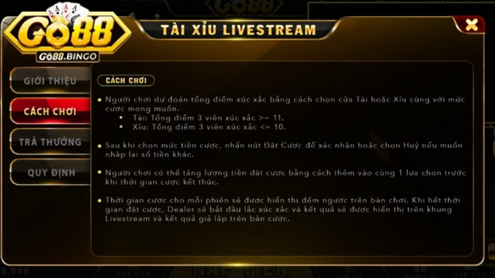 Luật chơi tài xỉu GO88 đơn giản